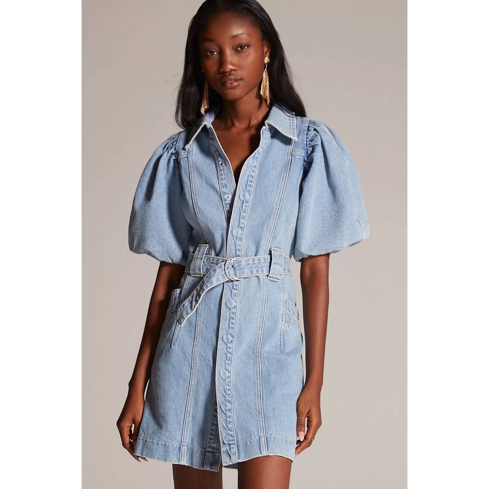 NWT Anthropologie Aureta Studios Puff Sleeve Denim Mini Shirtdress Size XS